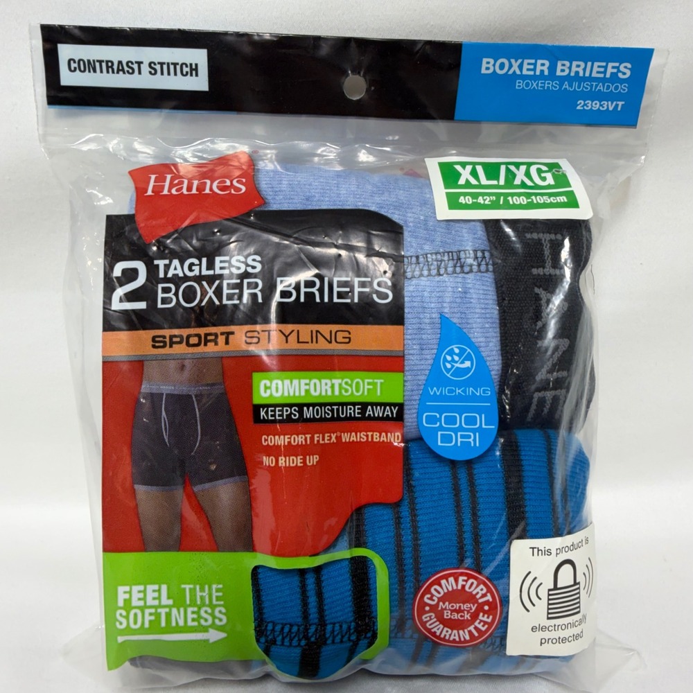 Hanes Mens 2-Pack Tagless Boxer Briefs XL 40-42 Sport Styling Blue Black 2393VT